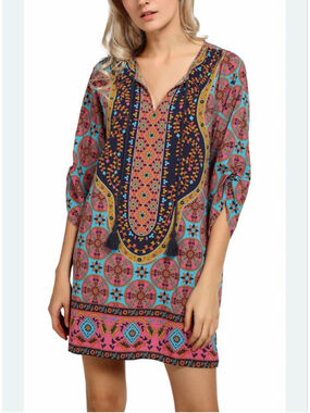 Women's Bohemian Neck Tie Urban Coco Mini Dress L Blue Pink Boho Print New NWT